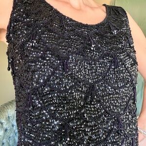 Black Beaded Top Sleeveless Med, 70s Sequin Party Top, Satin Lined Wool, Vintage